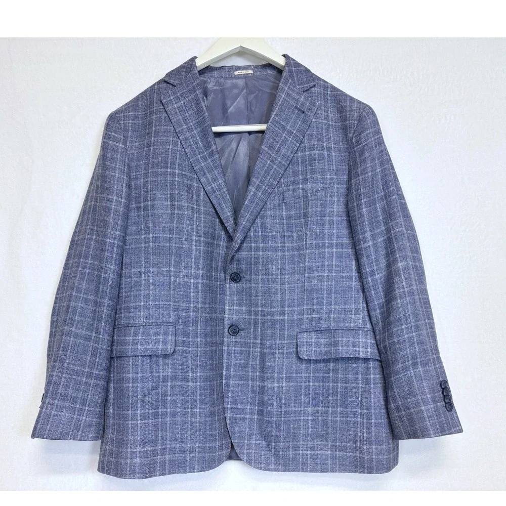 Joseph Abboud Blazer Mens 44S Blue Wool Silk Linen Plaid Sport Coat Heritage